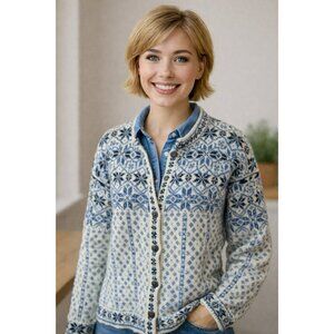 Dale Of Norway Wool Nordic Button Cardigan Sweater Womens L Blue/White